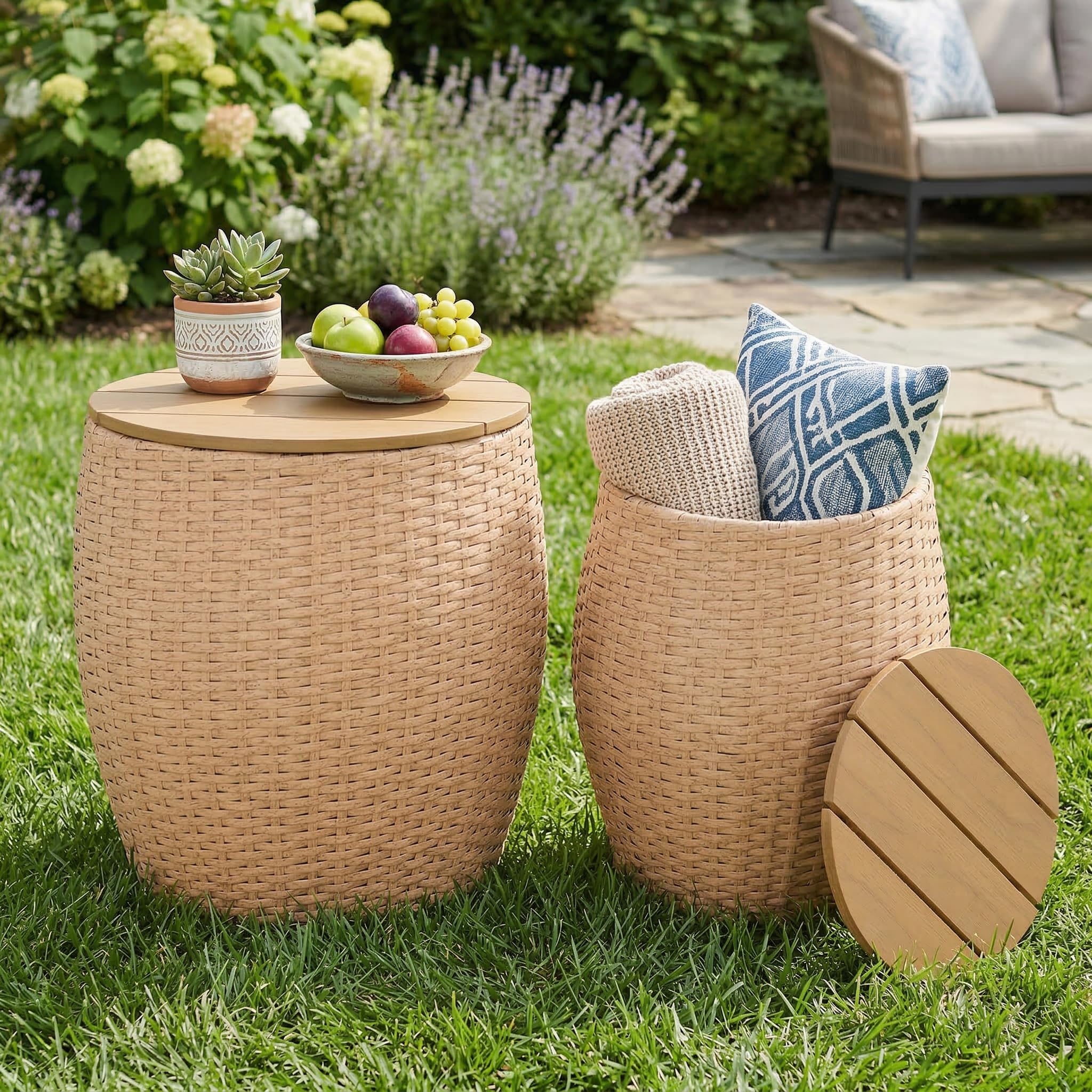 Wicker Round Patio Barrel Side Table Set of 2