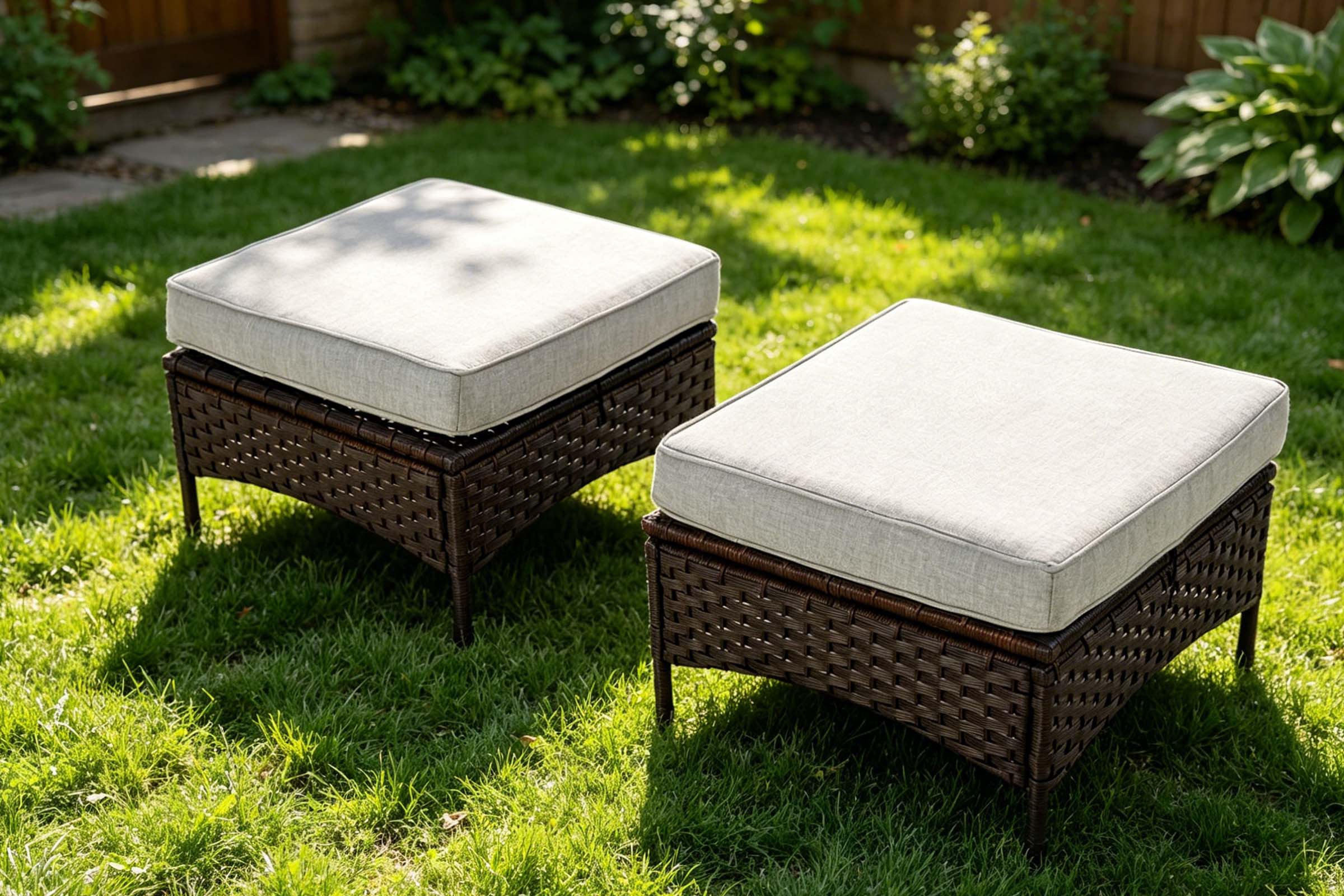 2-Piece Outdoor Patio Wicker Ottomans with Cushions on the grass.#color_gray