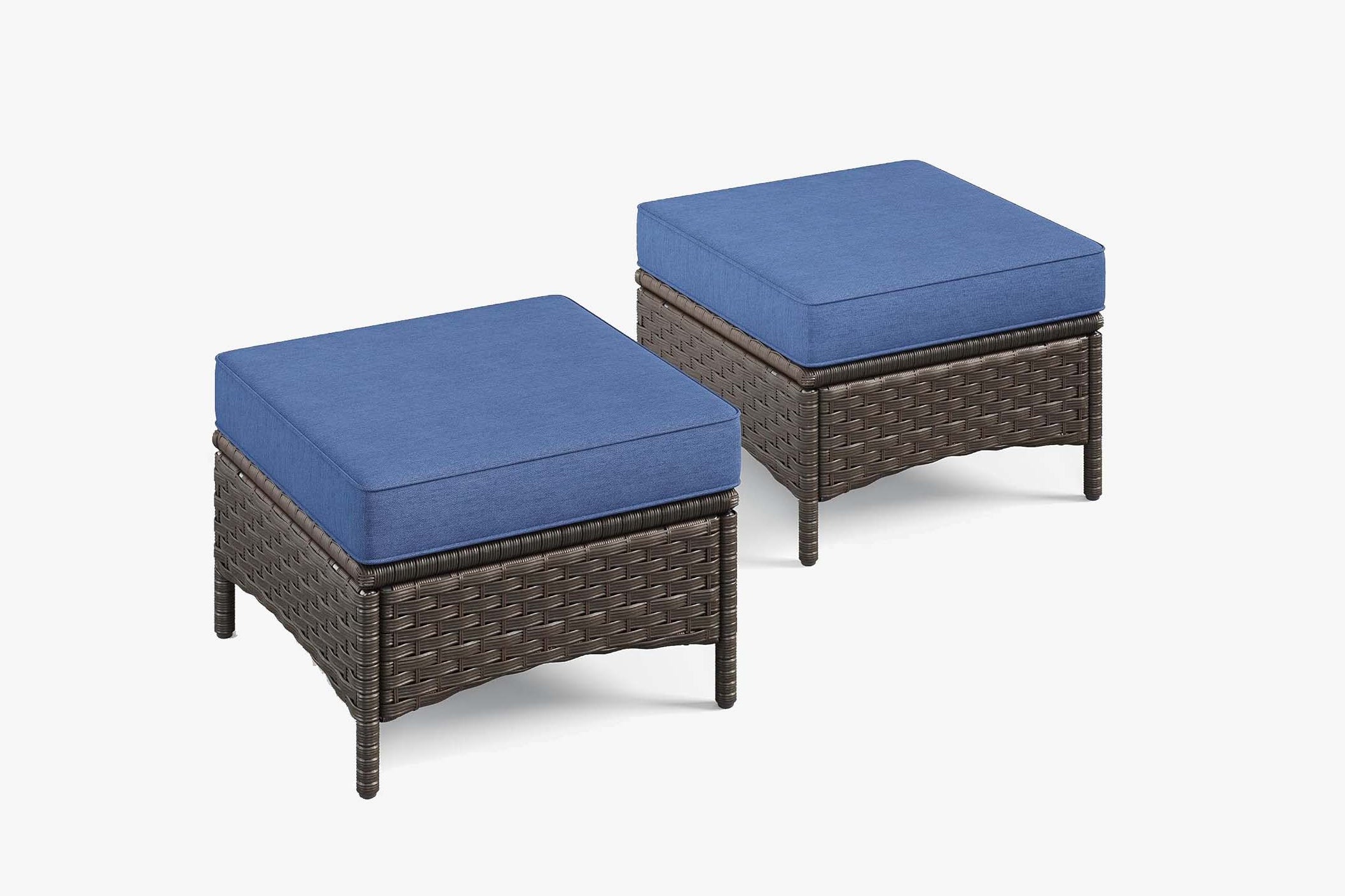 2-Piece_Outdoor_Patio_Wicker_Ottomans_with_Navy Blue Cushions on the white background.#color_navy