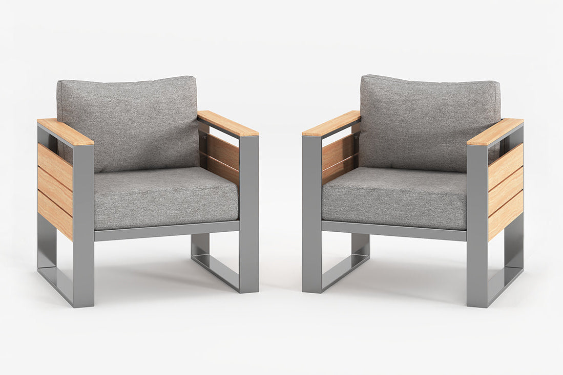 Two modern chairs with gray cushions and wooden finish armrests on a white background.#color_gray