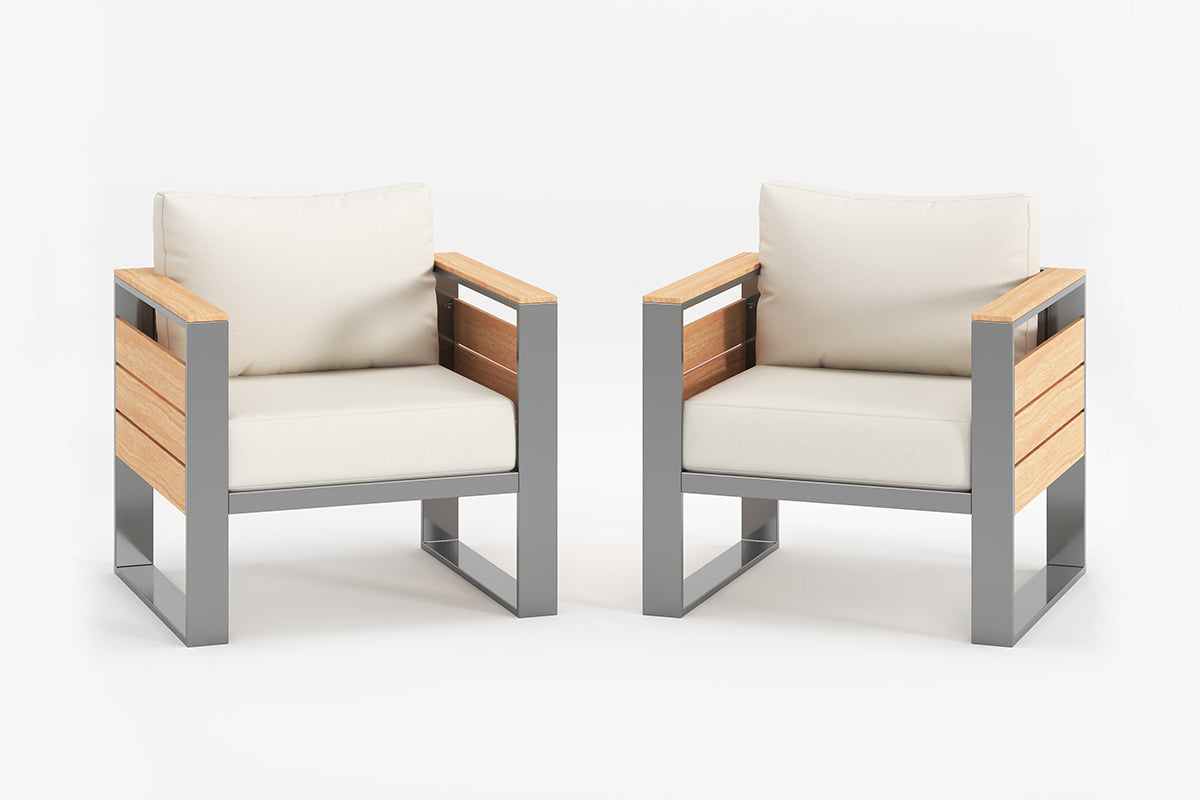 Two modern chairs with wooden finish armrests and white cushions on a white background.#color_beige