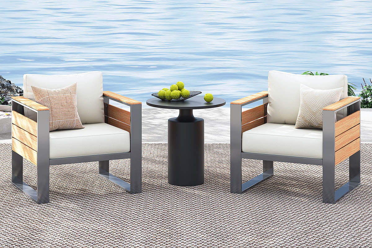 Outdoor furniture set with two chairs and a small table by the water.#color_beige