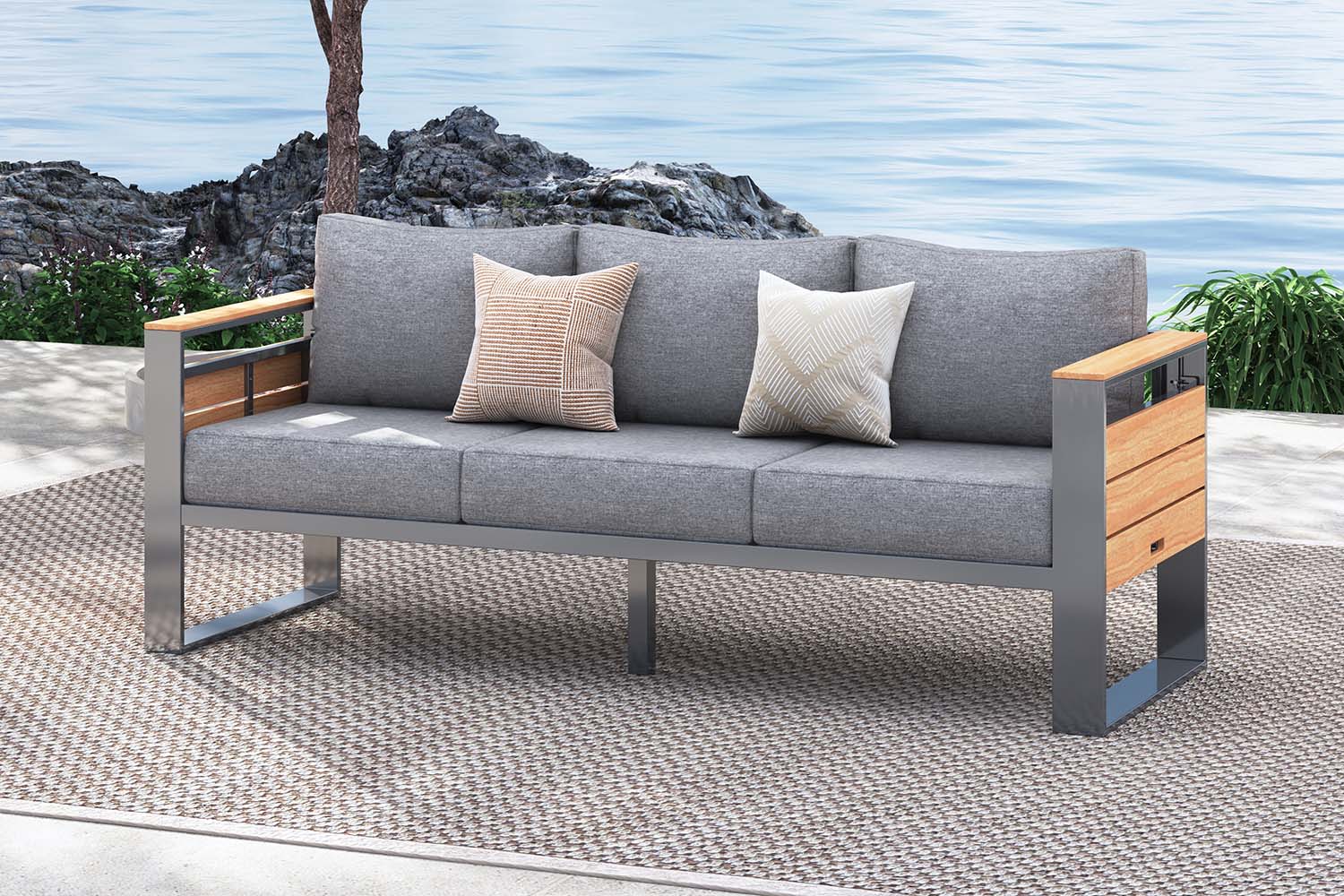 3-Seat_Aluminum_Patio_Sofa with gray cushions on a patio with ocean view.#color_gray