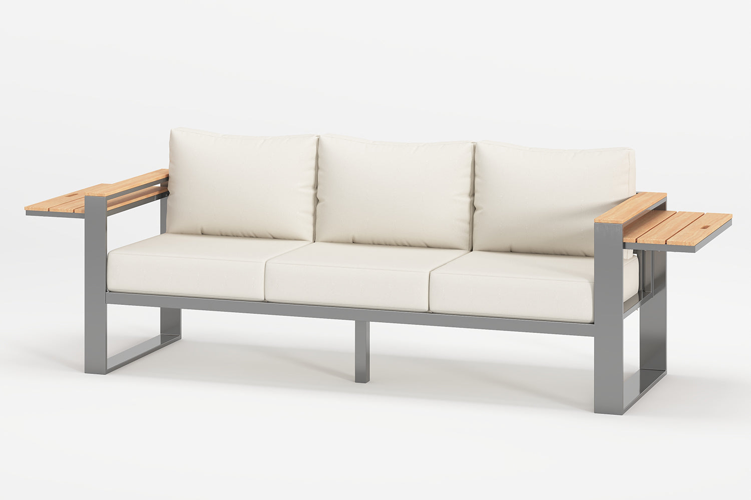 Modern outdoor sofa with wooden armrests on a white background.#color_beige