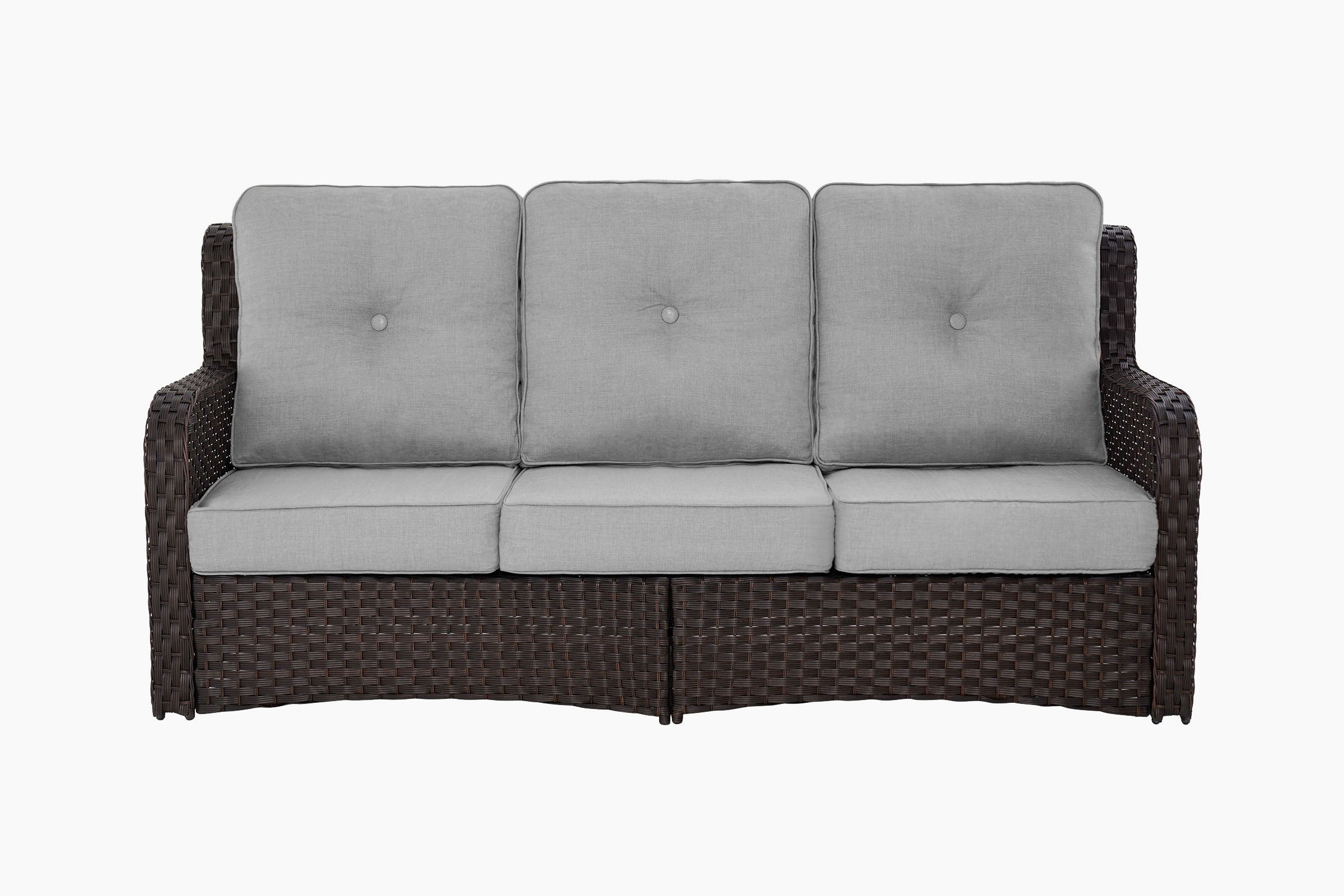 Three-seater outdoor sofa with wicker frame and gray cushions on a white background.#color_gray