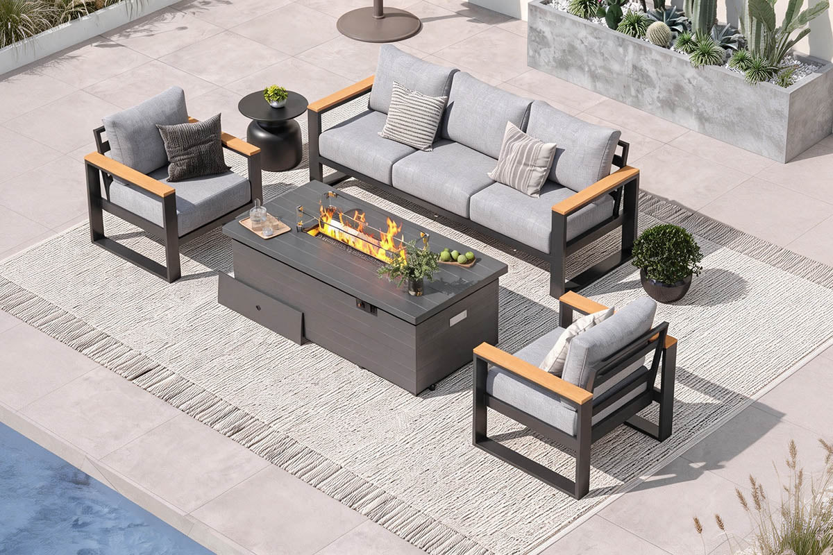 Outdoor patio furniture set with fire pit table on a patio.#color_light gray