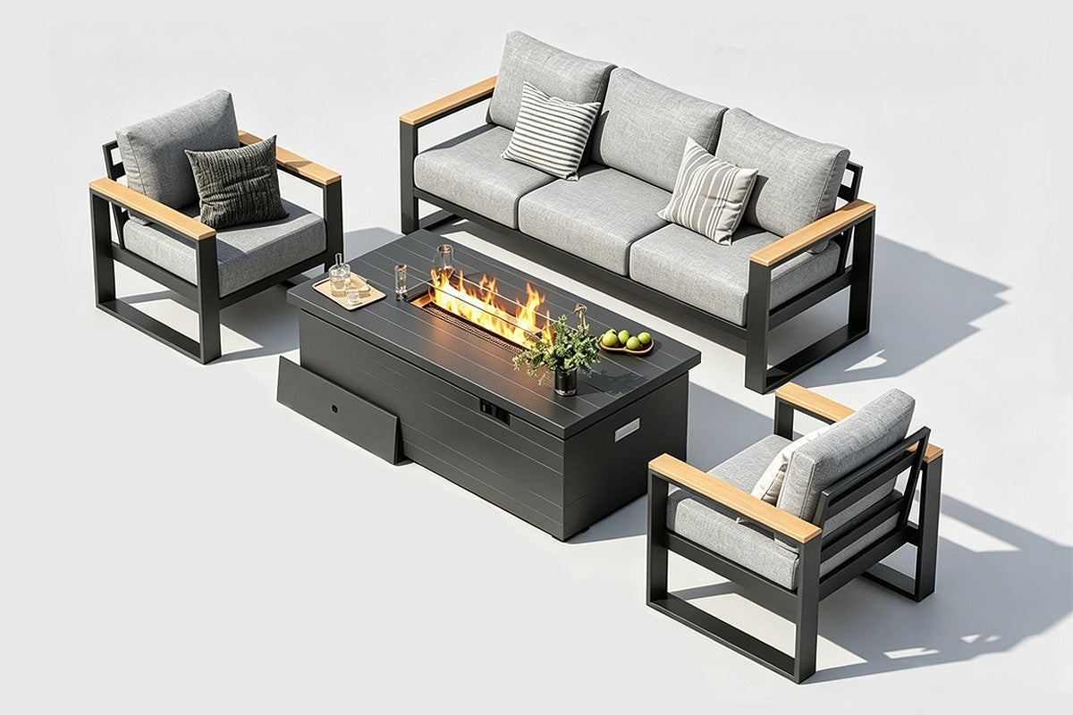Outdoor patio set with fire pit table on a white background.#color_light gray