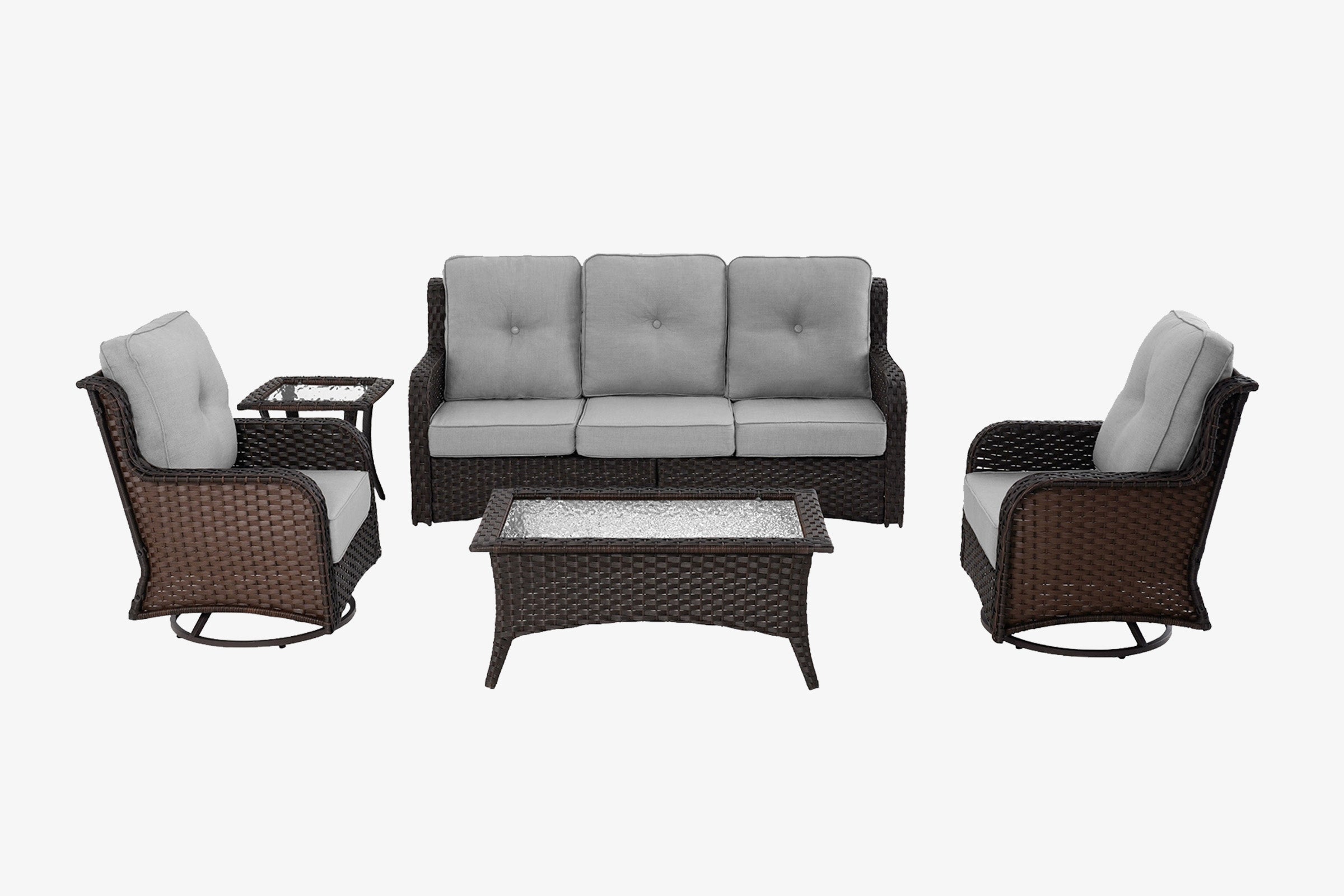 Outdoor furniture set with a sofa, two chairs, and a table on a white background.#color_gray
