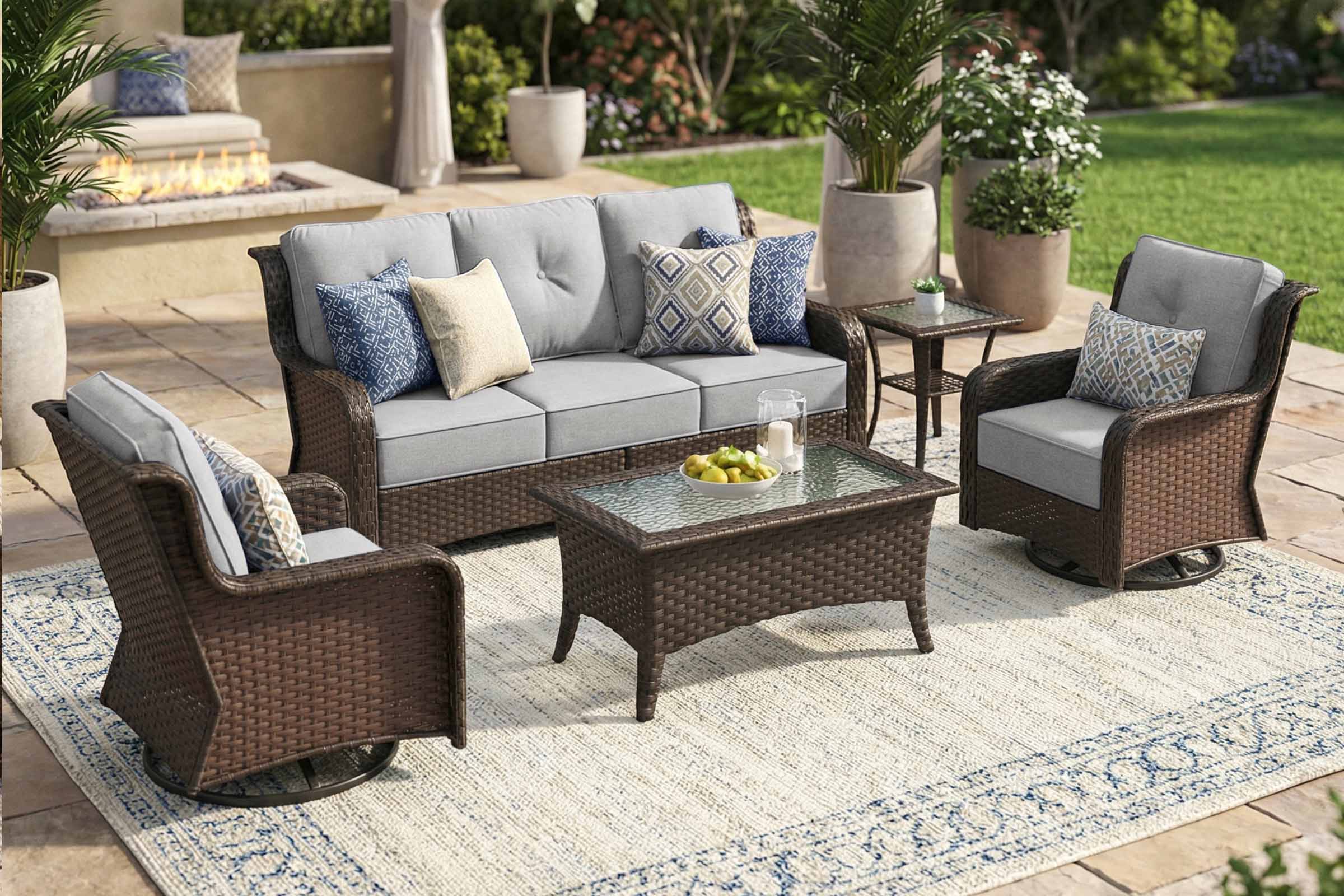 Outdoor patio set with wicker furniture and cushions on a patio with plants and a fire pit in the background.#color_gray