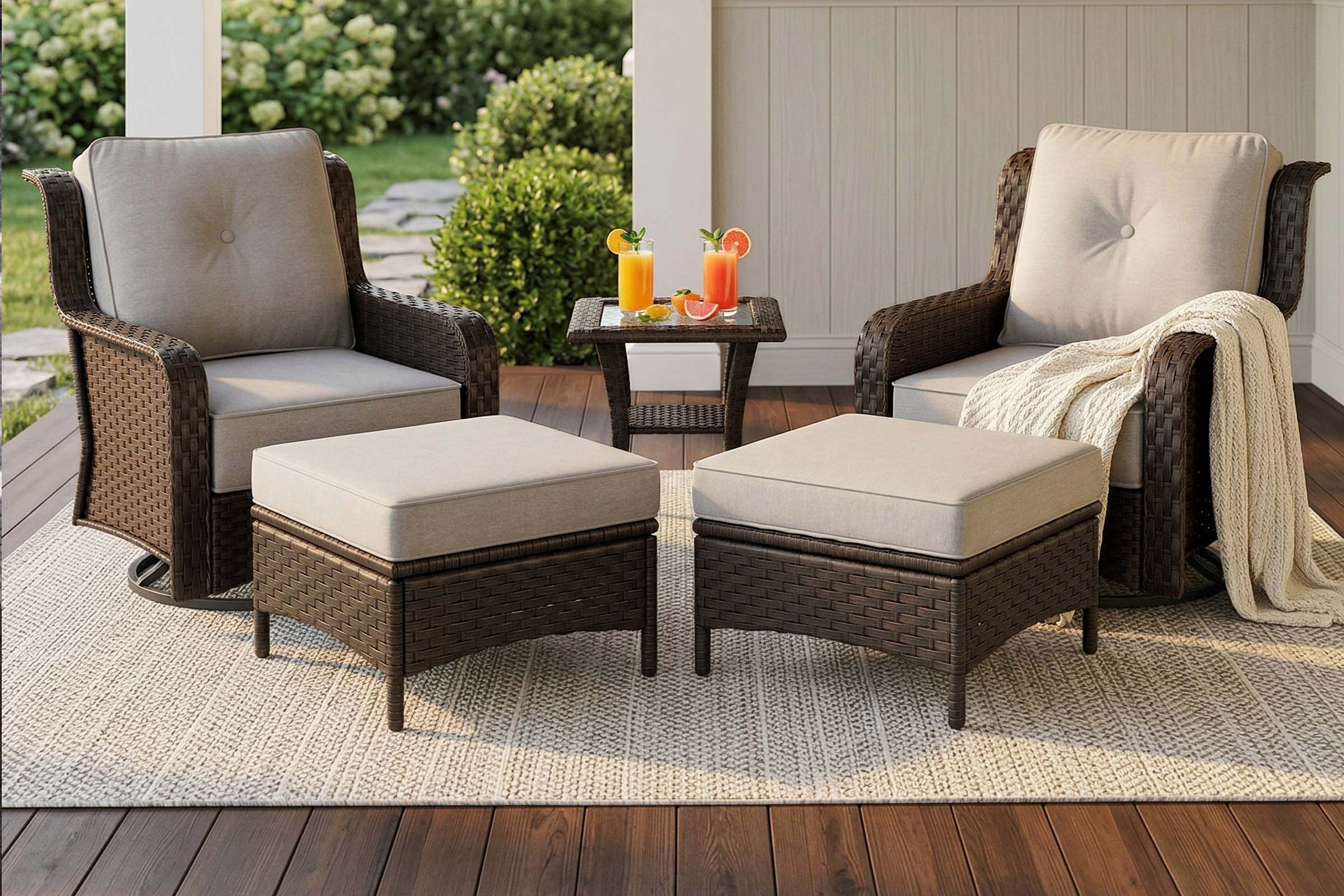 Outdoor patio furniture set with chairs, ottomans, and a small table on a wooden deck.#color_gray