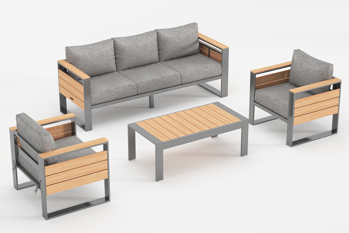 5-Seats_Aluminum_Outdoor_Gray Conversation_Set_with_Coffee_Table on the white background.#color_gray