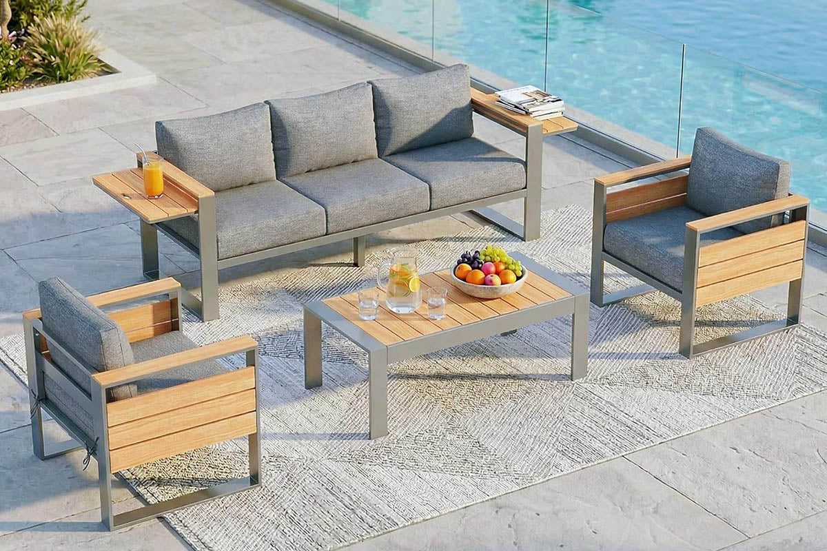 5-Seats_Aluminum_Outdoor_Gray Conversation_Set_with_Coffee_Table by the poolside.#color_gray