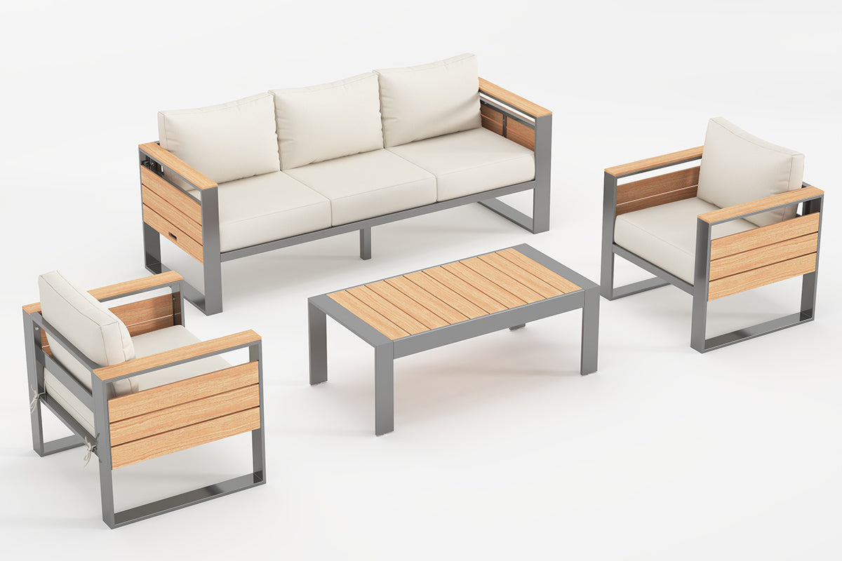 5-Seats_Aluminum_Outdoor_Beige Conversation_Set_with_Coffee_Table on the white background.#color_beige