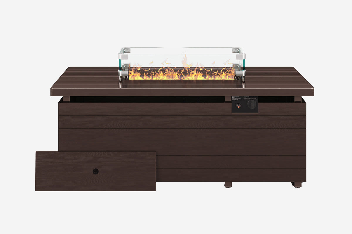 Brown fire pit table with a glass cover on a white background.#color_brown