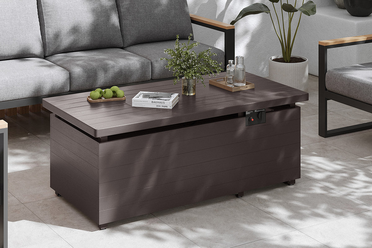 Coffee table with lift-top feature in a living room setting.#color_brown