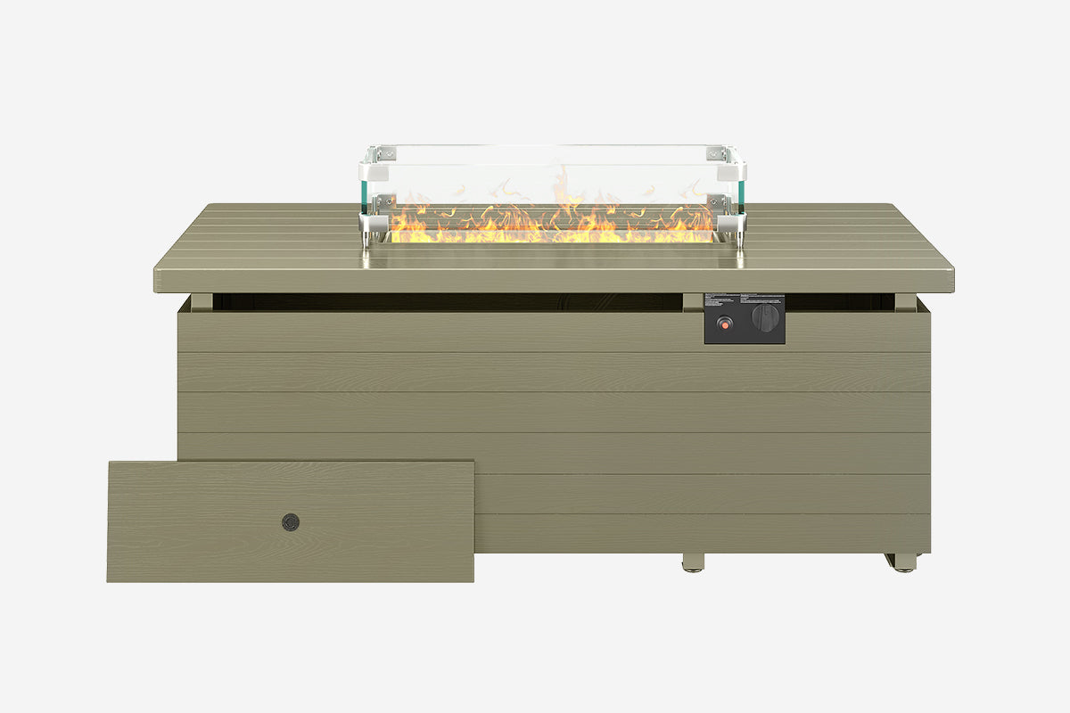 Green fire pit table with a burning fire on a white background.#color_green