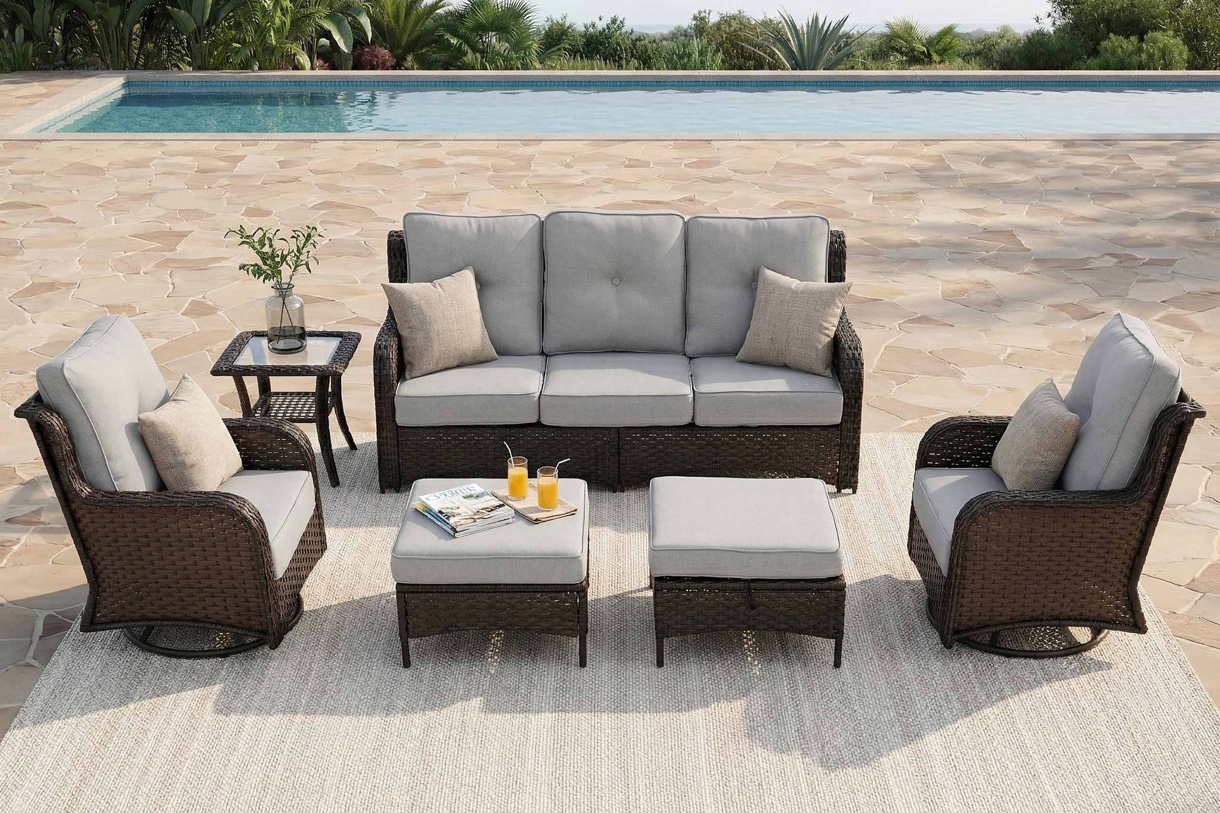 6-Piece_Outdoor_Wicker_Swivel_Chairs_Conversation_Gray Set by the poolside.#color_gray