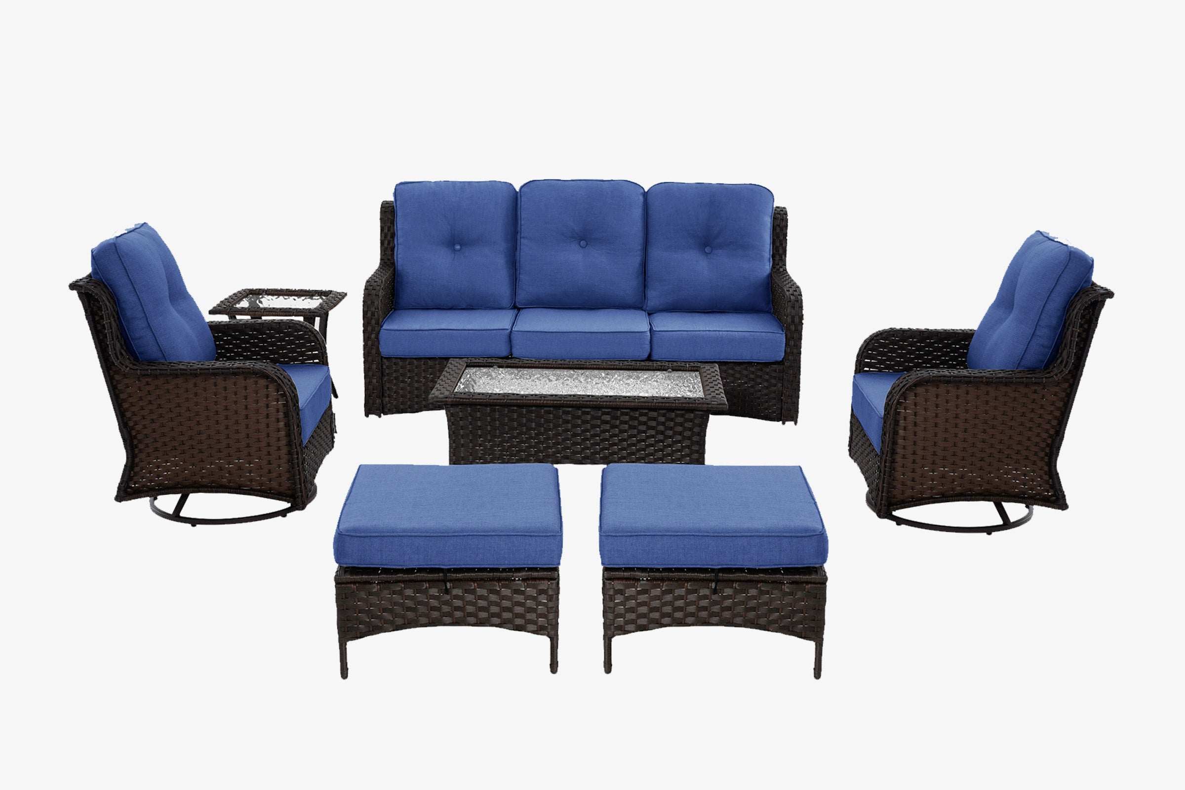 Outdoor furniture set with blue cushions on a white background.#color_navy