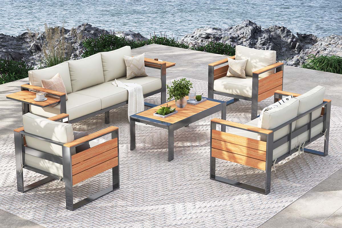 7-Seats Aluminum Outdoor Conversation Set with Coffee Table by the lake.#color_beige