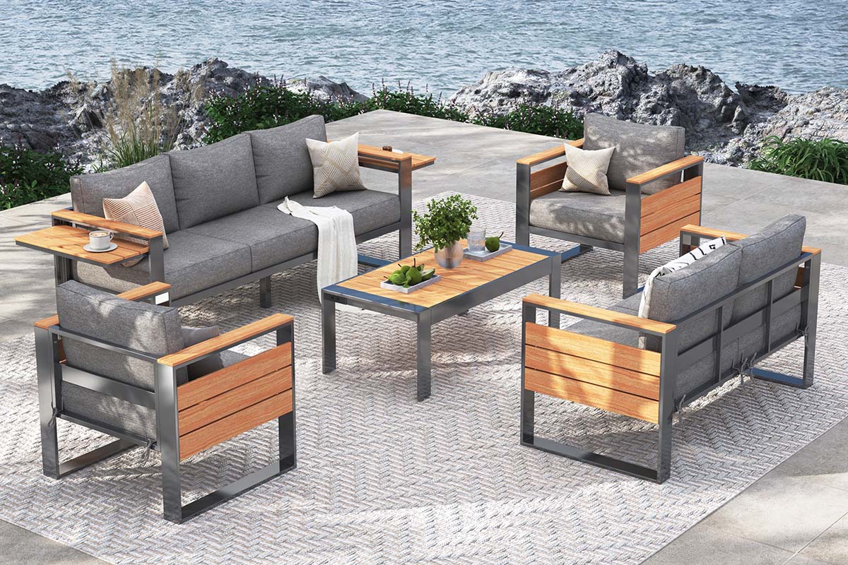 7-Seats Aluminum Outdoor Gray Conversation Set with Coffee Table by the lake.#color_gray