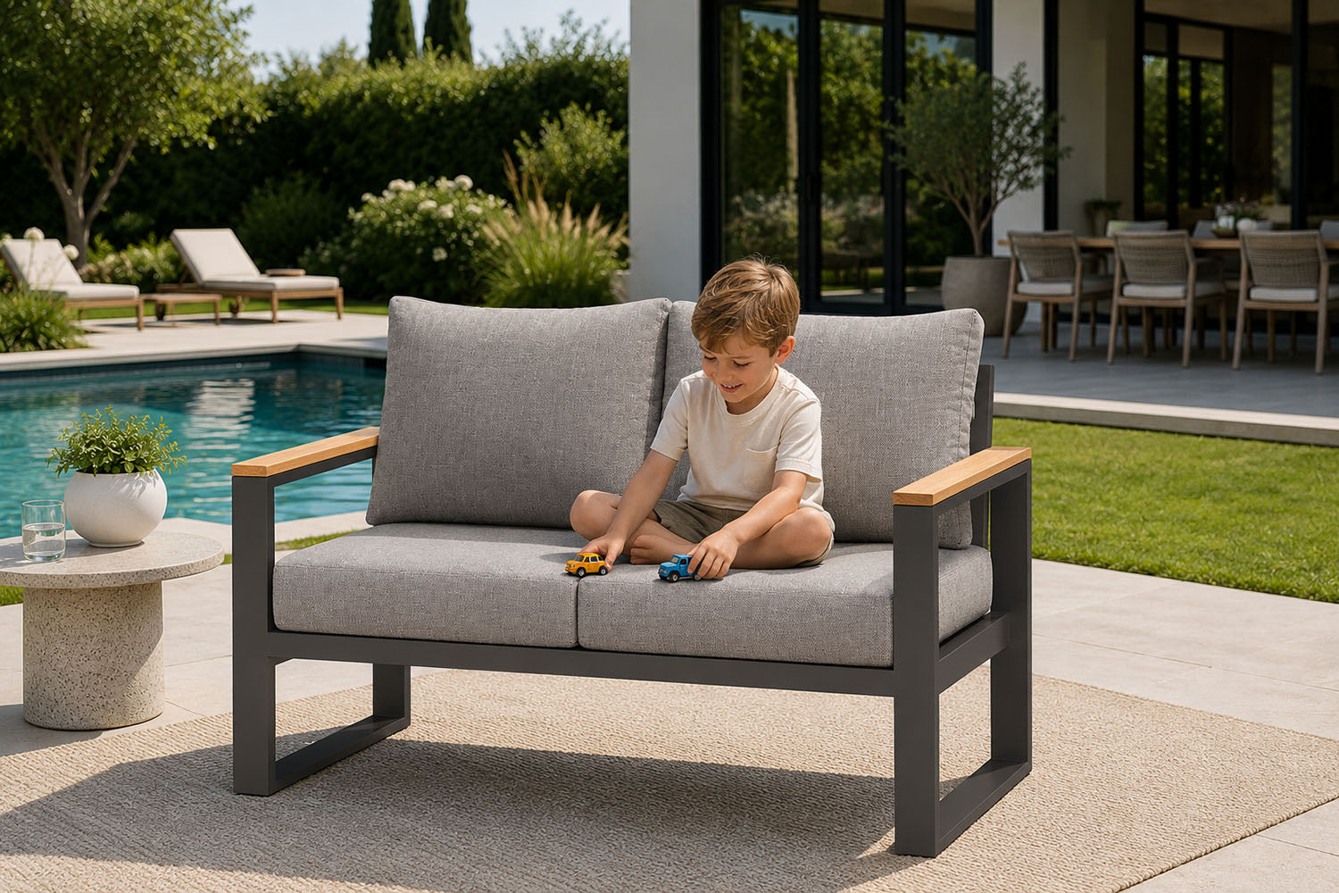 Child playing with toys on a gray outdoor sofa by a poolside.#color_light gray