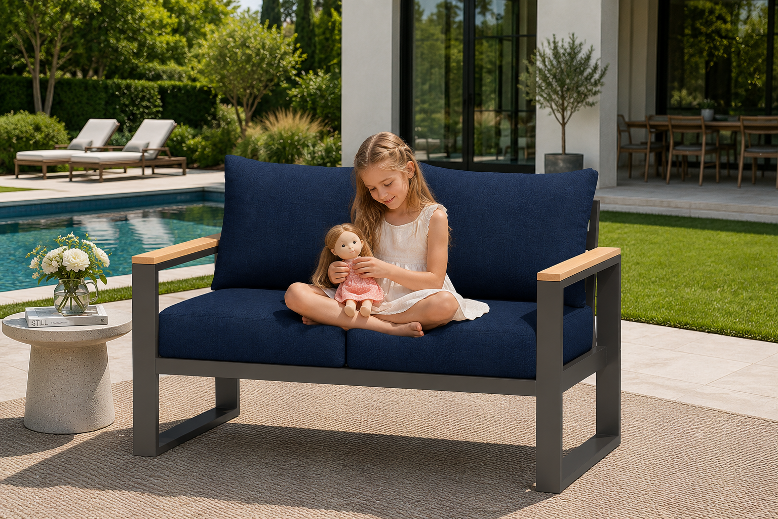 Girl sitting on a blue cushioned outdoor sofa with a pool and garden in the background.#color_deep navy