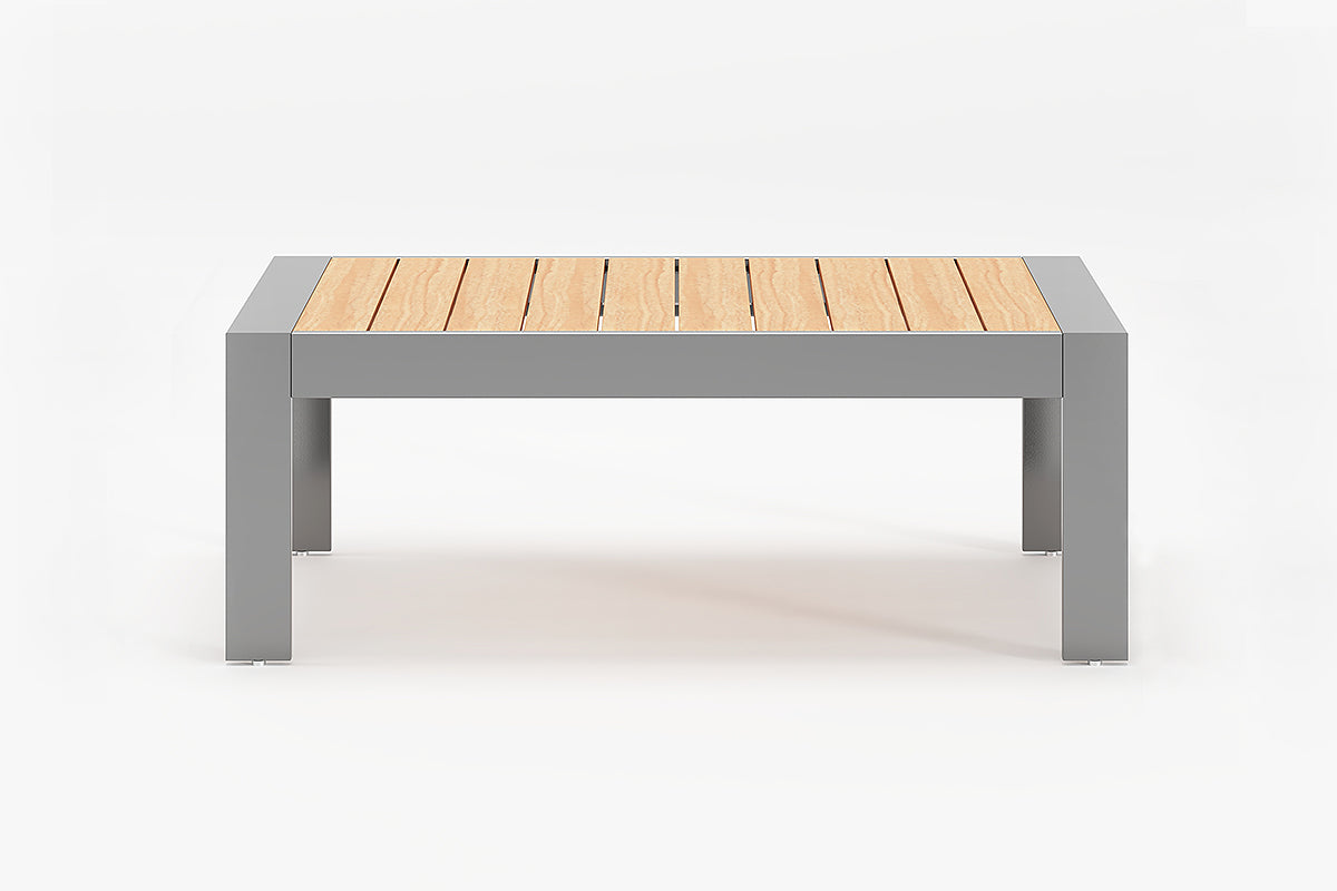 Coffee table with wooden top and gray base on a white background