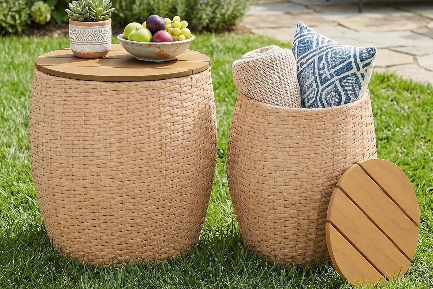 Wicker Round Patio Barrel Side Table Set of 2