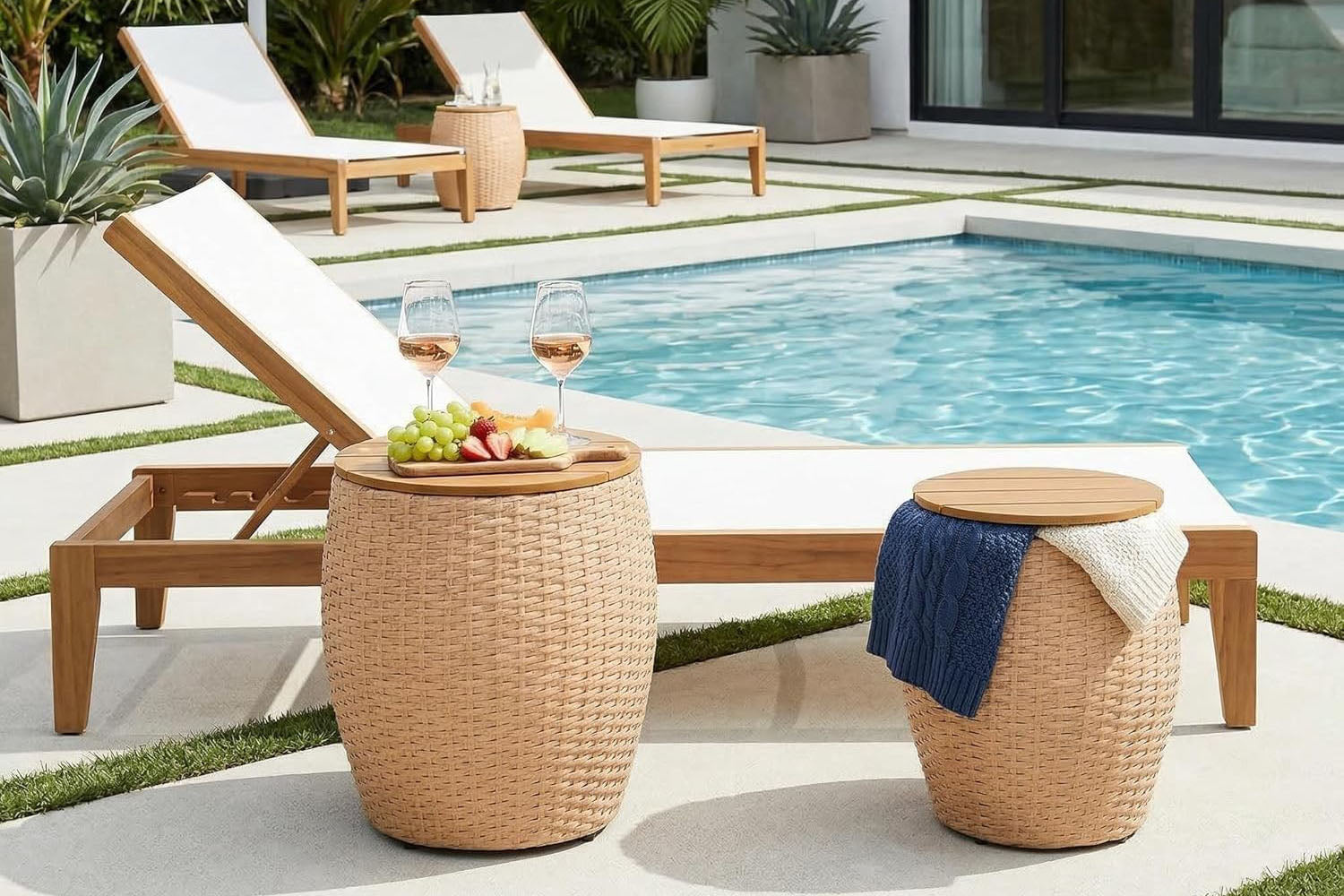 Wicker_Round_Patio_Barrel_Side_Table_Set_of_2_main_1 by the poolside