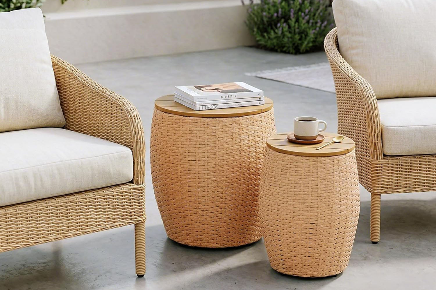Sundale Outdoor Wicker Round Patio Barrel Side Table Set