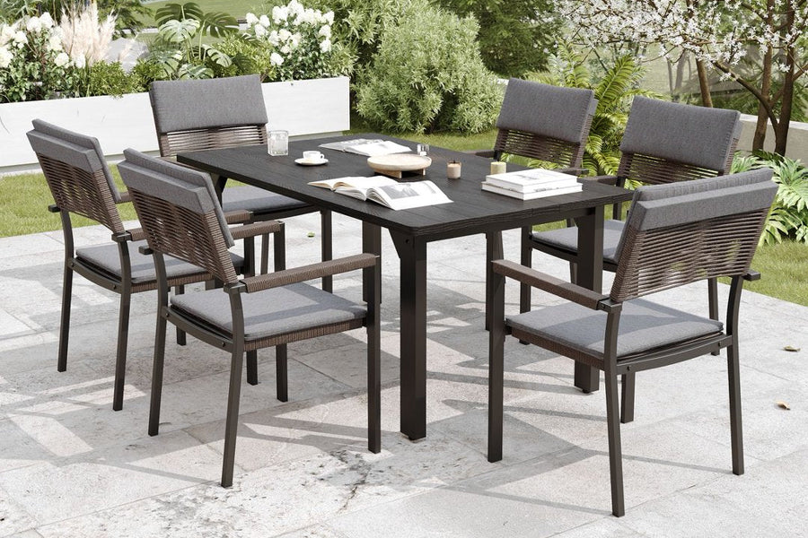 Sundale Outdoor 7 Piece Patio Dining Set, Metal Table with Umbrella Hole & Stackable Rattan Chairs