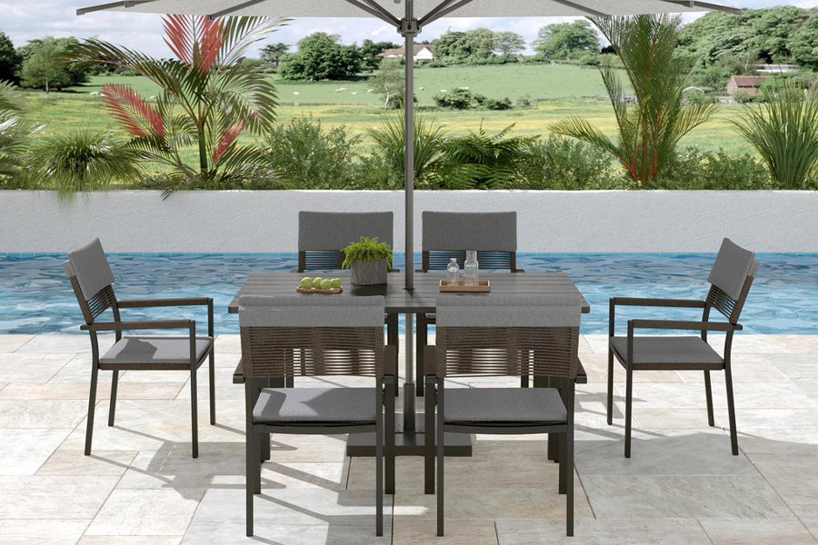 Sundale Outdoor 7 Piece Patio Dining Set, Metal Table with Umbrella Hole & Stackable Rattan Chairs
