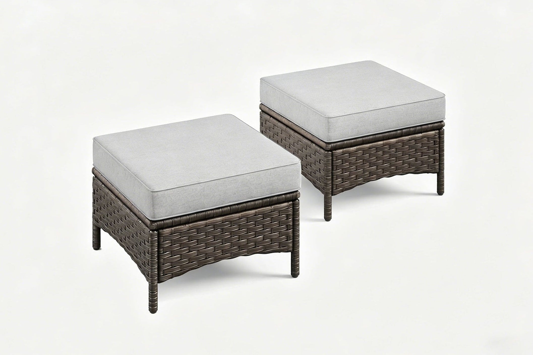 2-Piece Outdoor Patio Wicker Ottomans with Gray Cushions on the new white background.#color_gray
