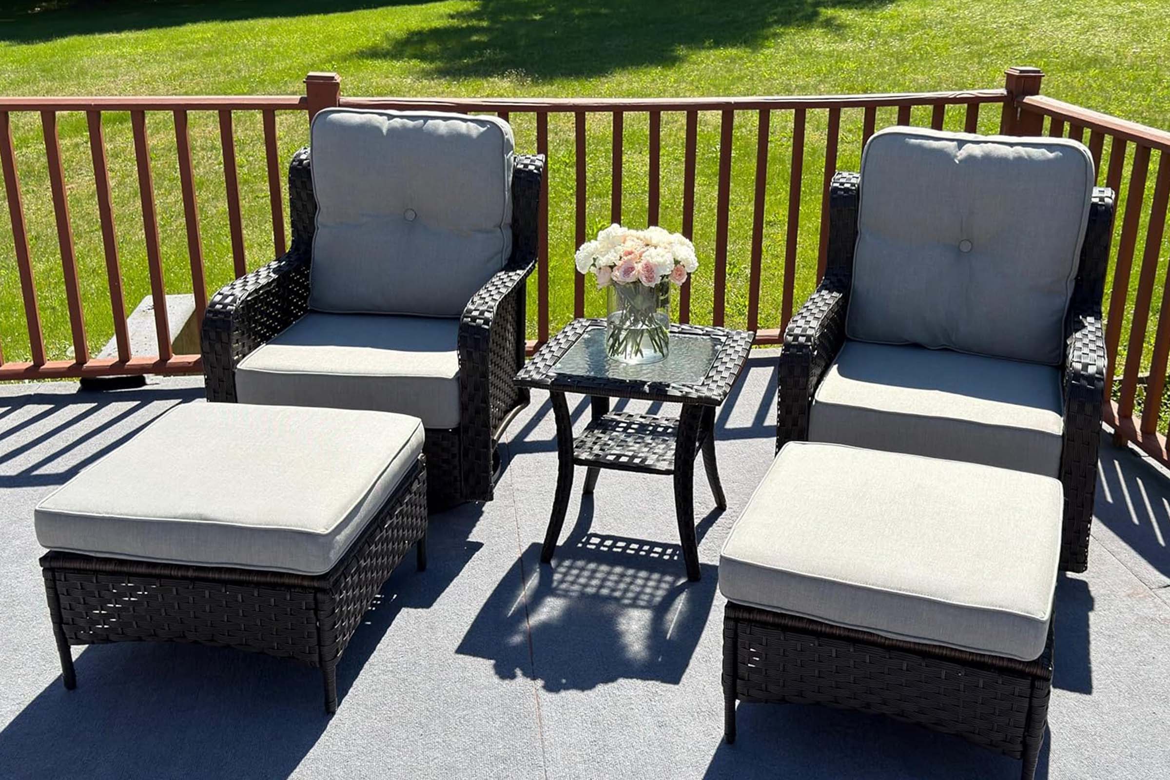 2-Piece Outdoor Patio Wicker Ottomans with Gray Cushions.#color_gray