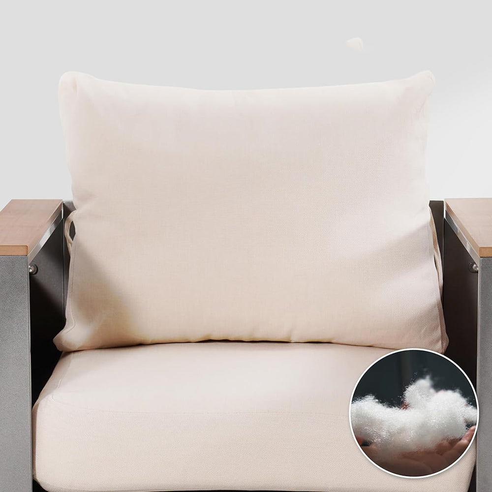 Beige cushion on a chair with a close-up of fluffy white material.
