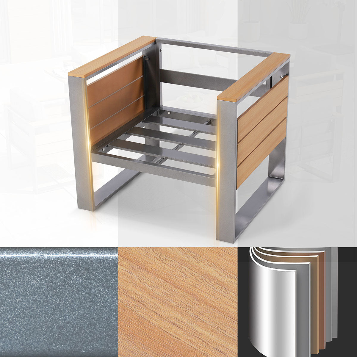 Collage of a modern chair with wooden and metal design elements on a white background.