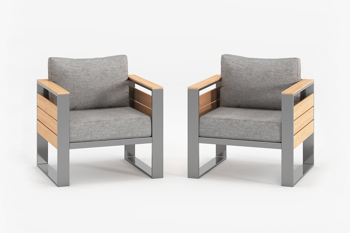 Two modern chairs with gray cushions and wooden finish armrests on a white background.#color_gray