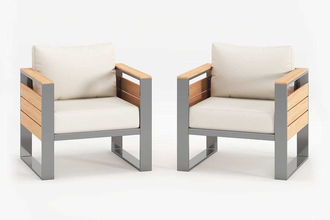 Two modern chairs with wooden finish armrests and white cushions on a white background.#color_beige