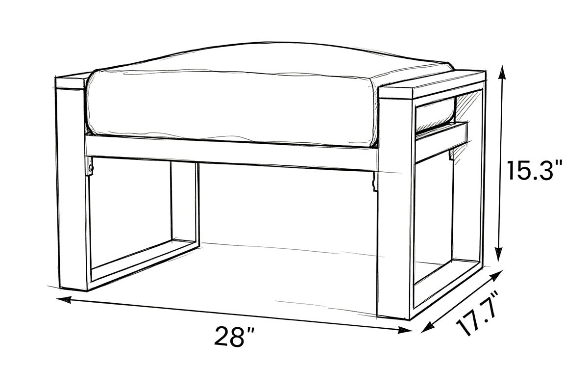 Line drawing of a storage ottoman with dimensions labeled