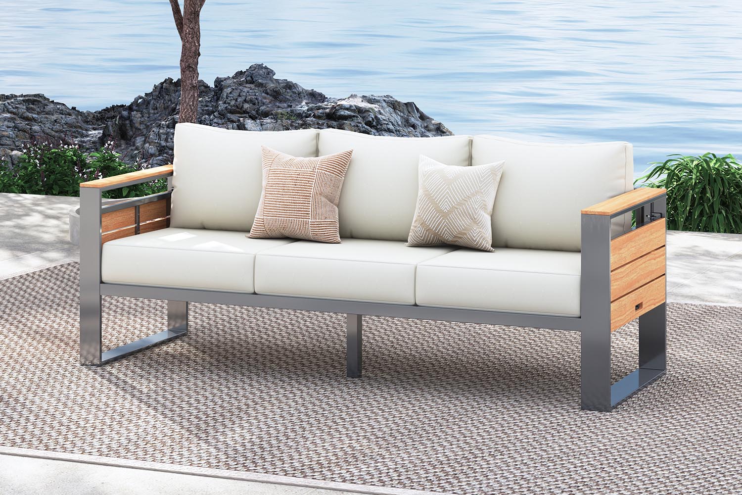 3-Seat_Aluminum_Patio_Sofa with beige cushions on a patio with ocean view.#color_beige