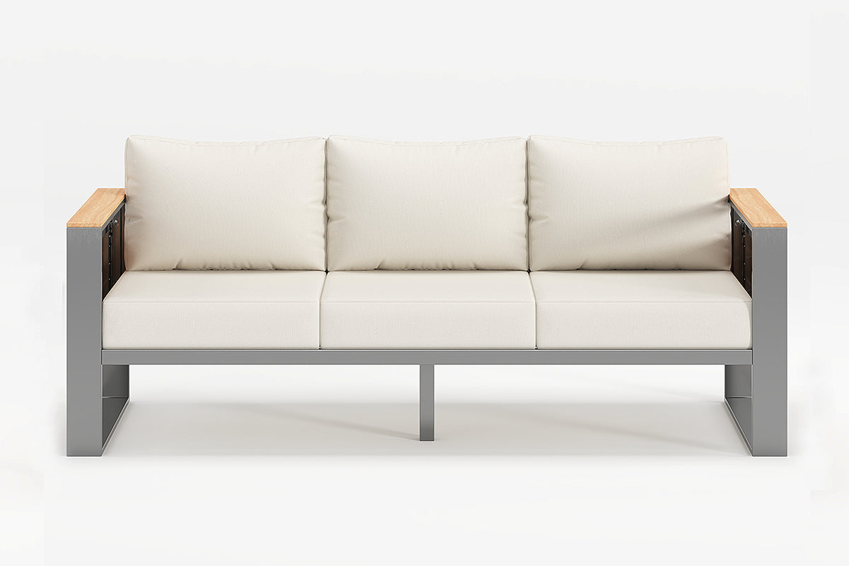 Modern outdoor sofa with beige cushions on a white background.#color_beige