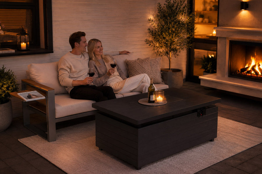 Couple sitting on a couch in a cozy patio with a fireplace.