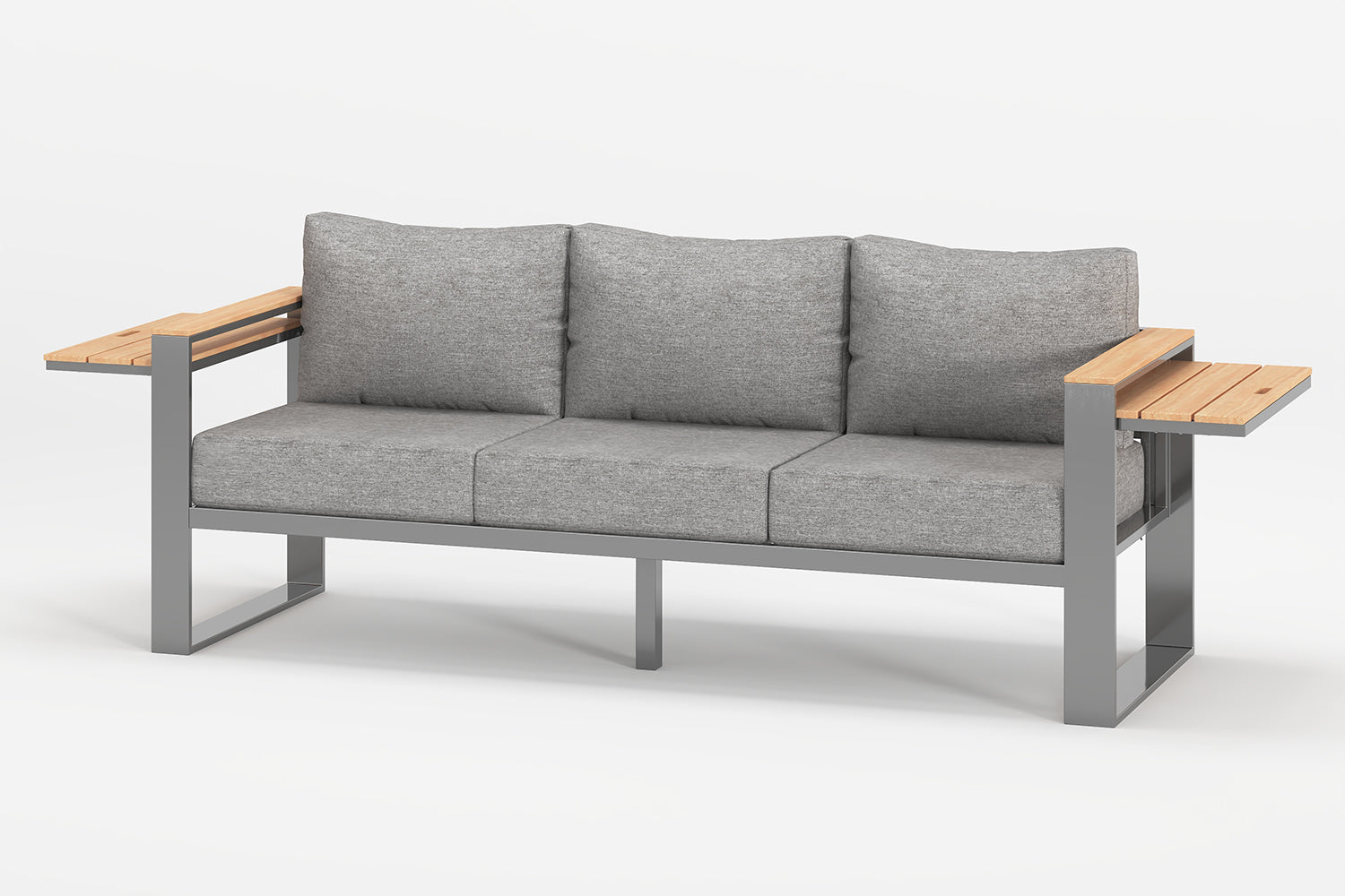 Gray outdoor sofa with wooden armrests on a white background.#color_gray