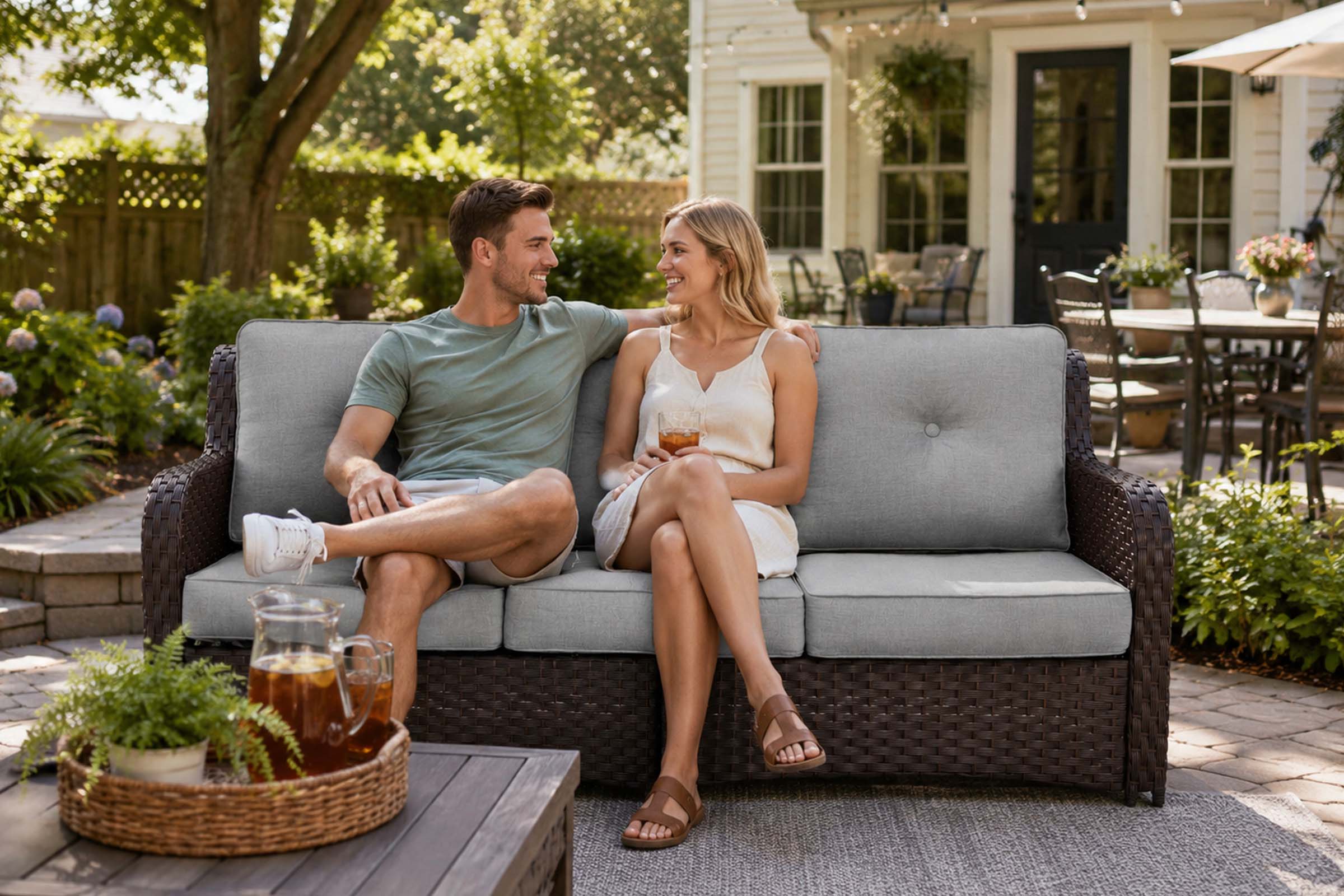 Modern outdoor sofa with wooden armrests on a backyard.#color_gray