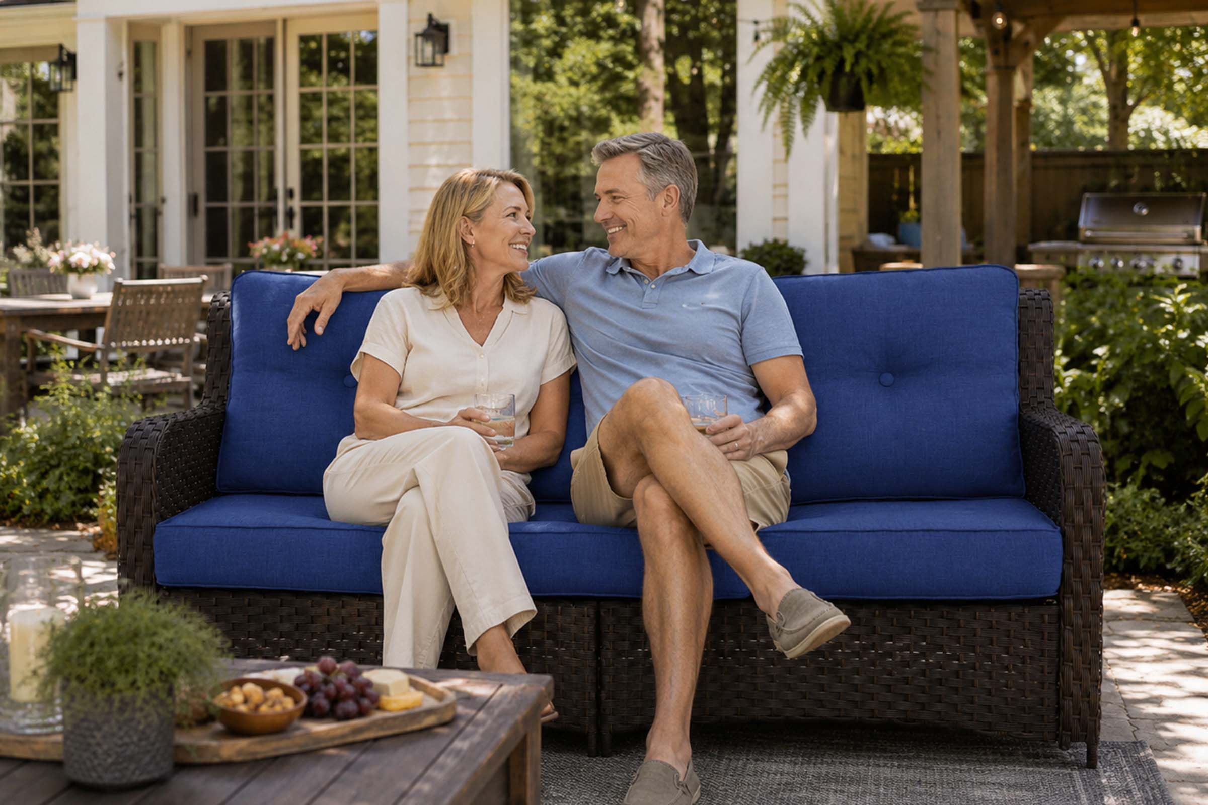 Navy Modern outdoor sofa with wooden armrests on a backyard.#color_navy