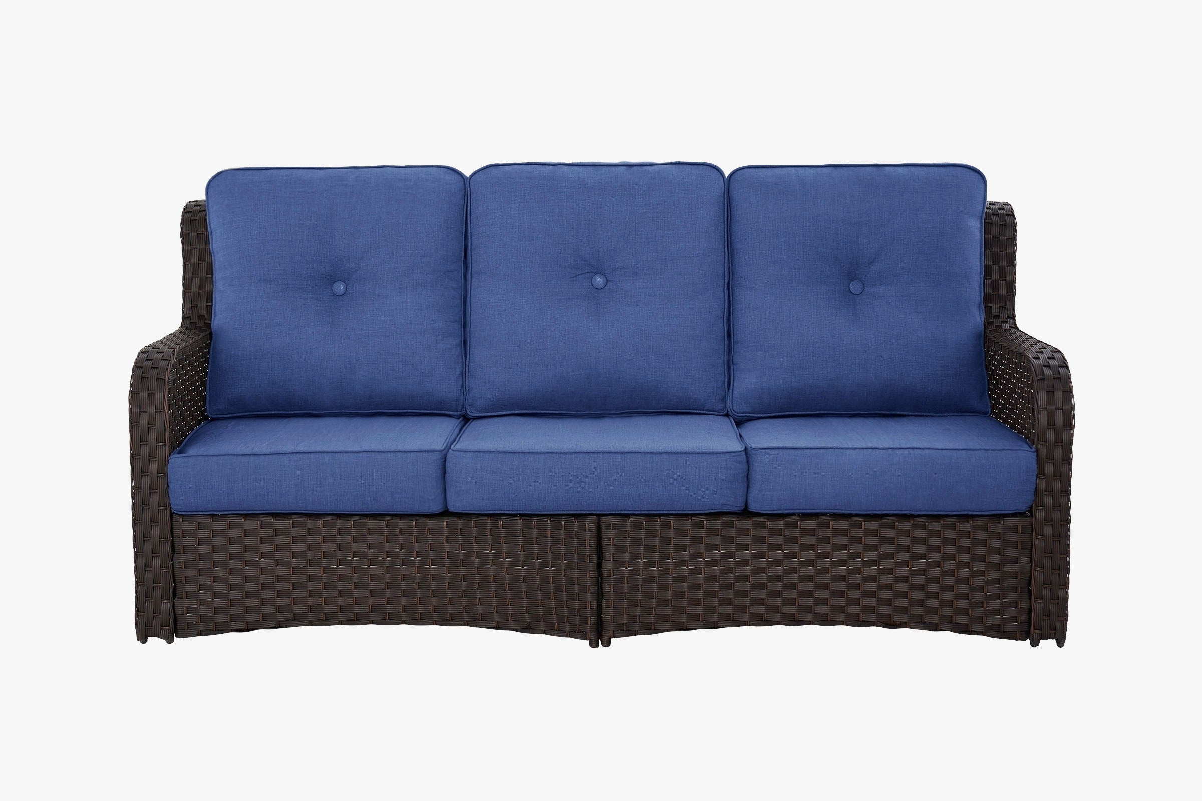 Three-seater navy outdoor sofa with wicker frame and gray cushions on a white background.#color_navy