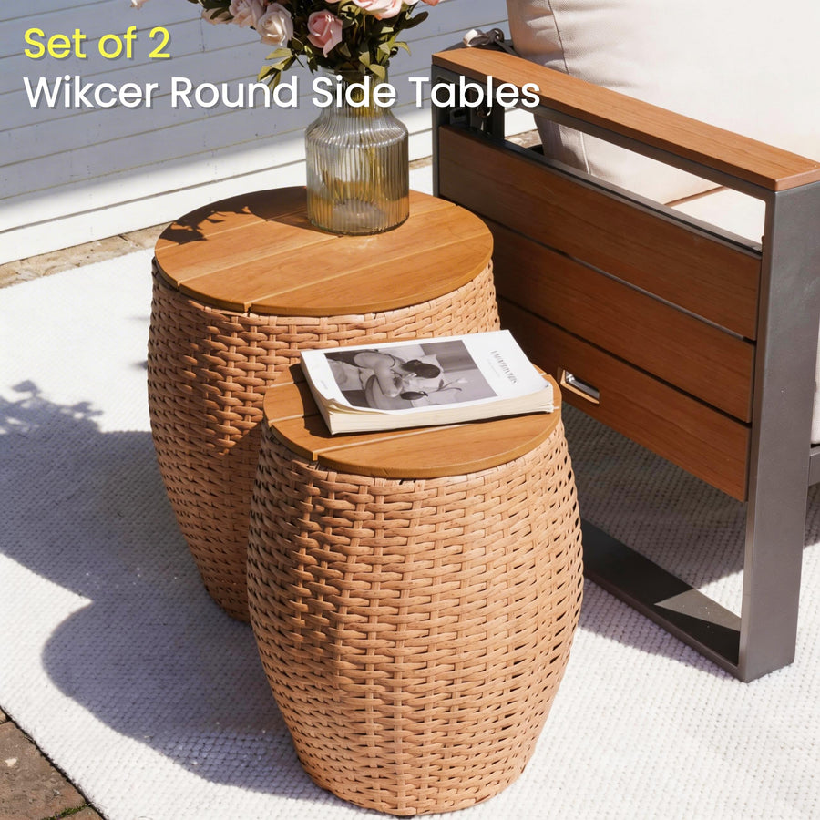 Sundale Outdoor Wicker Round Patio Barrel Side Table Set