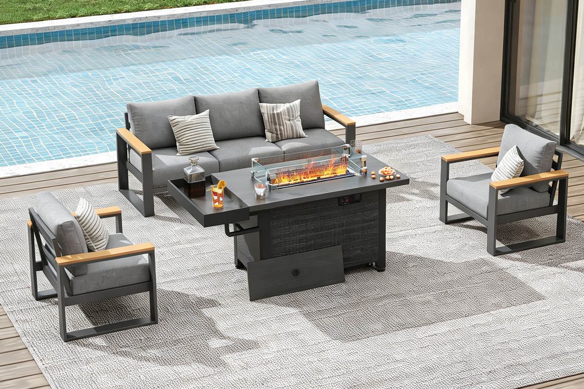 Outdoor patio set with fire pit table by a pool