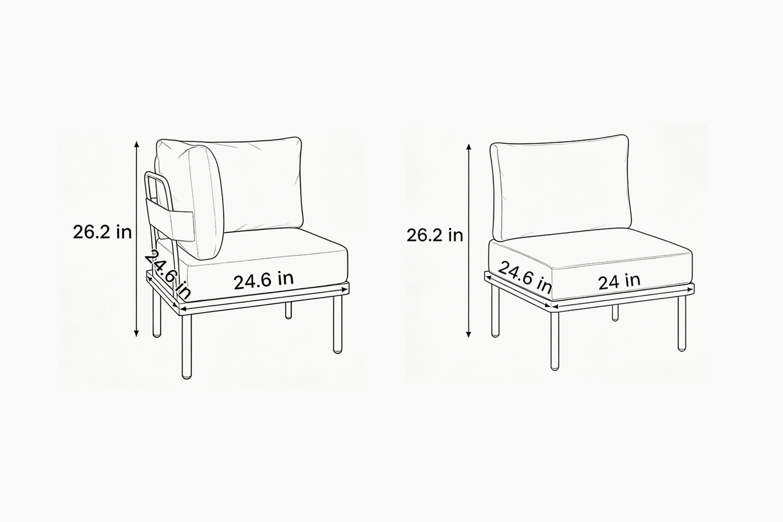 Dimensions of two chairs shown with measurements in inches.