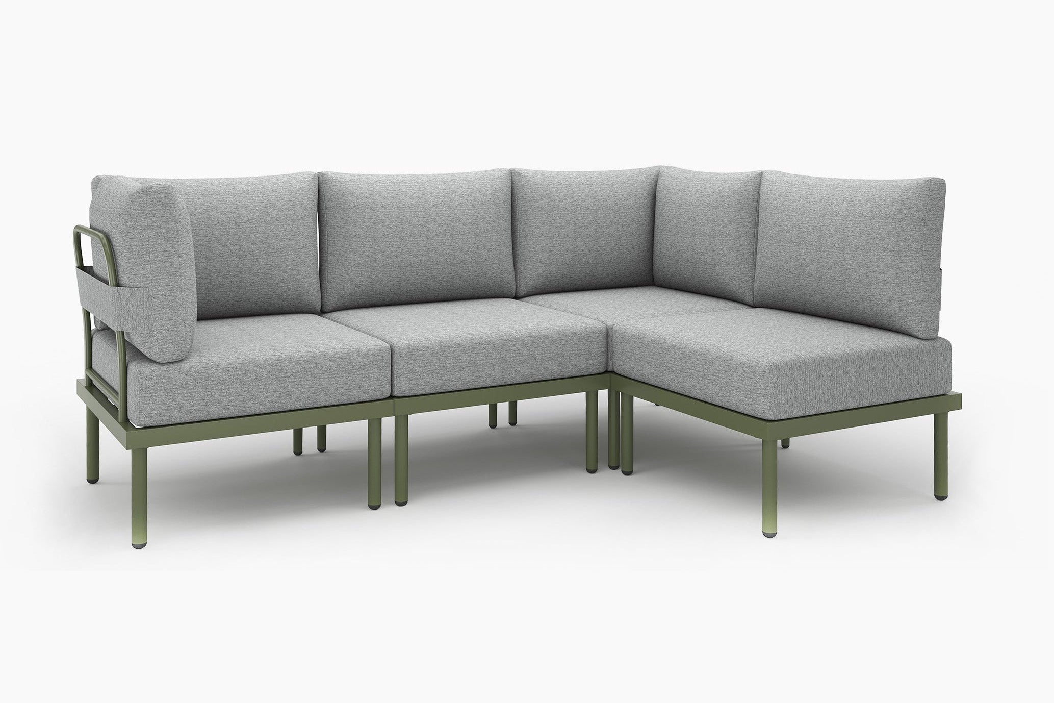 Gray sectional sofa with green metal frame on a white background.#color_green